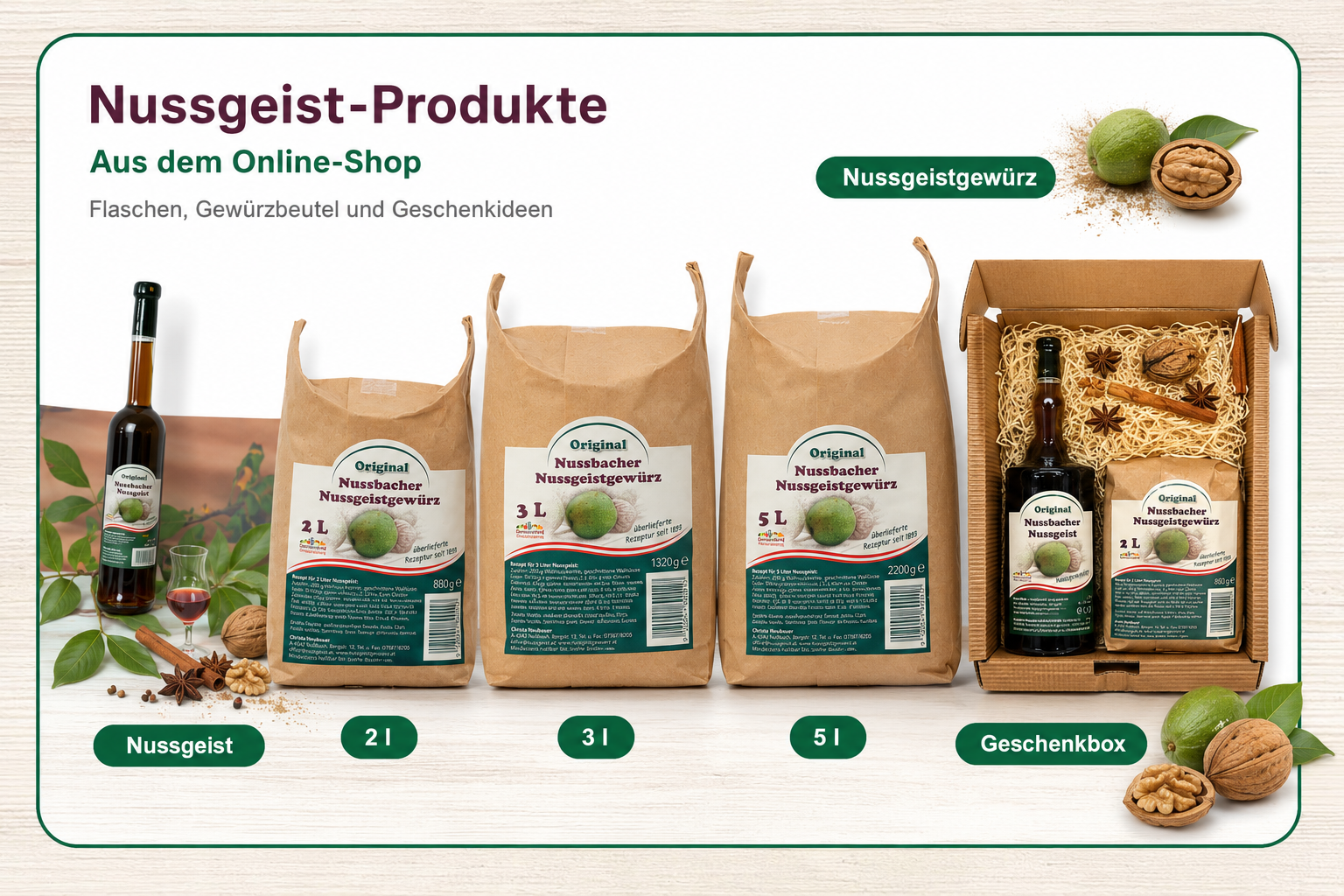 Kollage mit Nussgeist-Flasche, Nussgeistgewürz 2 Liter, 3 Liter, 5 Liter und Geschenkbox